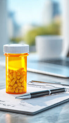 prescription bottle and doctor prescription pad